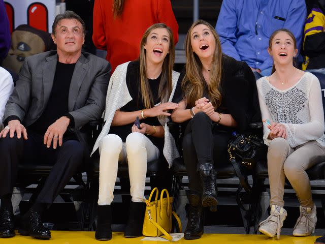 <p>Noel Vasquez/GC Images</p> Sylvester Stallone, Sistine Stallone, Sophia Stallone and Scarlet Stallone at a basketball game between the New Orleans Pelicans and the Los Angeles Lakers at Staples Center in December 2014.