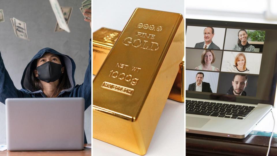 A masked person throwing money in the air, two gold bars and a computer showing a video conference meeting.