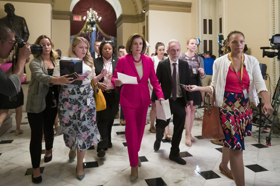 House Speaker Nancy Pelosi of Calif., walks to the House floor from her office on Capitol Hill, Thursday, June 27, 2019 in Washington. (AP Photo/Alex Brandon)