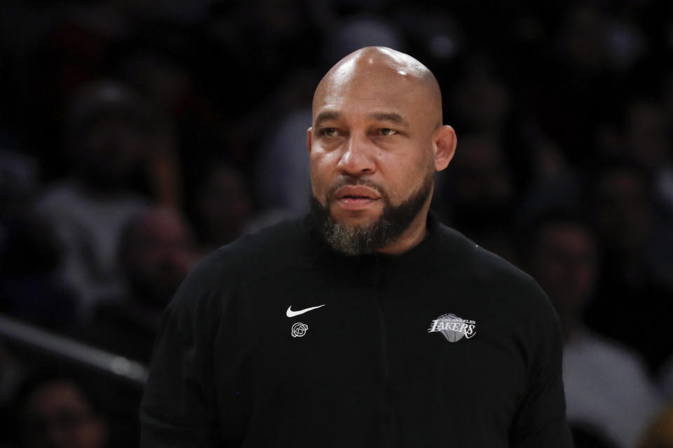 Los Angeles Lakers head coach Darvin Ham reacts during the first half of an NBA basketball game against the Minnesota Timberwolves, Sunday, April 7, 2024, in Los Angeles. (AP Photo/Etienne Laurent)