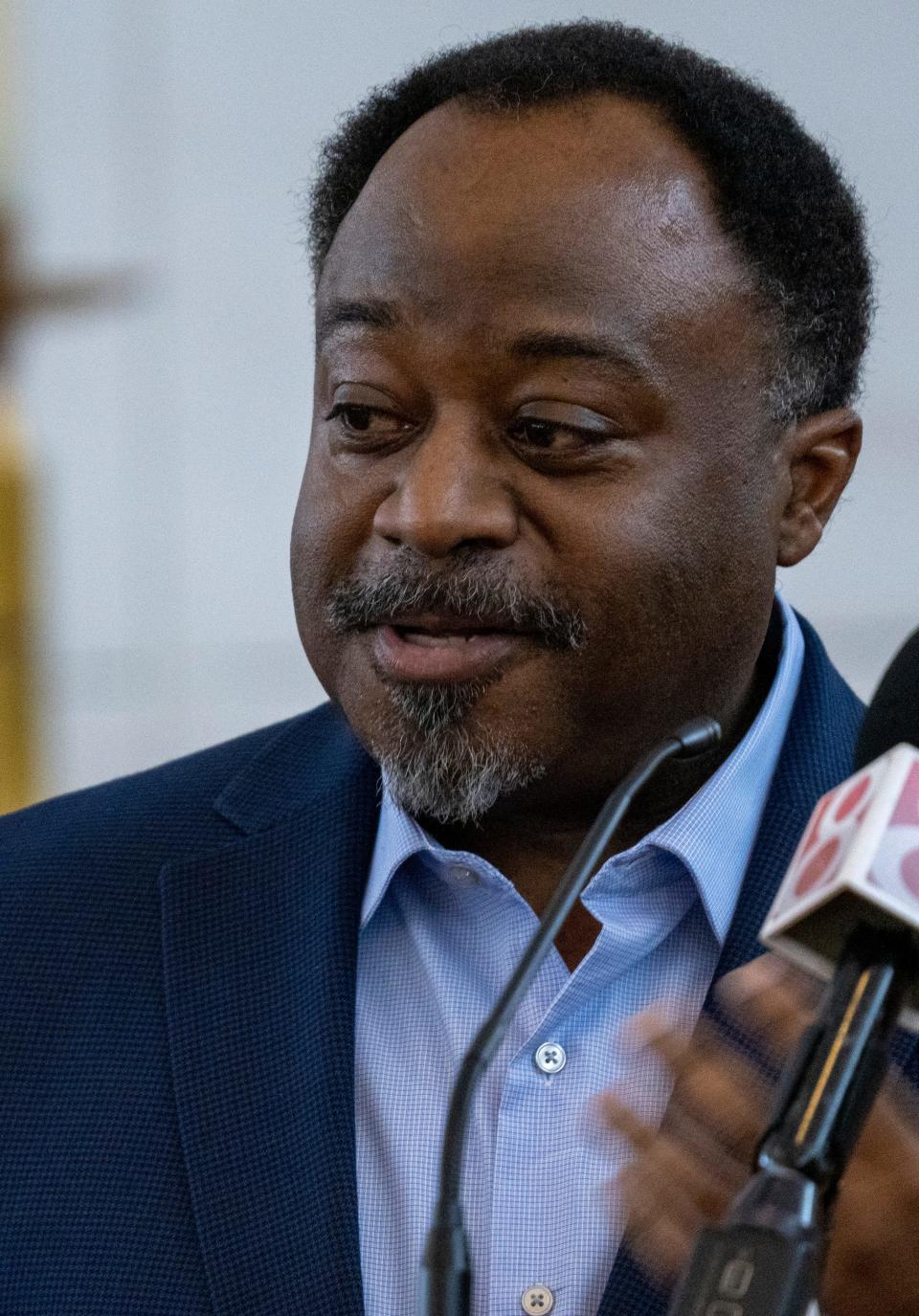 Abdul-Hakim Shabazz speaks at First Trinity Lutheran Church in Indianapolis, Sunday, March 12, 2023, during a forum for city mayoral candidates. 