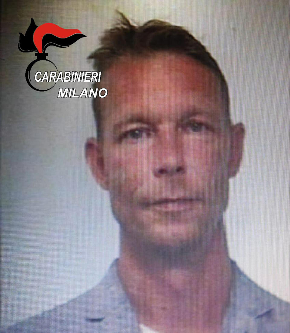 This image distributed, Monday, June 8, 2020, by Carabinieri (Italian paramilitary police), shows a man identified as Christian Brueckner, at the time of his arrest in 2018, under an international warrant for drug trafficking and on charges of other crimes. British media are saying that German police, who have not named the man, suspect he is the kidnapper of Madeleine McCann, a three-year-old British girl who disappeared on May 3, 2007, from a hotel in Praia da Luz, a resort town in Portugal's Algarve. (Carabinieri via AP)