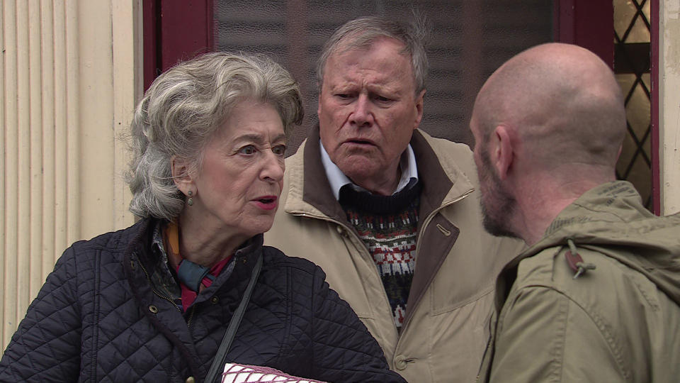 FROM ITV

STRICT EMBARGO - No Use Before Tuesday 28th November 2023

Coronation Street - Ep 1112930

Wednesday 6th December 2023

On the street, Evelyn Plummer [MAUREEN LIPMAN] witnesses a man mistreating his dog and remonstrates with him. Roy Cropper [DAVID NEILSON] comes to Evelynâ€™s aid but heâ€™s terrified when Terry Fensley [JAMIE FOSTER], the dog owner, turns on him instead. 

Picture contact - David.crook@itv.com

This photograph is (C) ITV and can only be reproduced for editorial purposes directly in connection with the programme or event mentioned above, or ITV plc. This photograph must not be manipulated [excluding basic cropping] in a manner which alters the visual appearance of the person photographed deemed detrimental or inappropriate by ITV plc Picture Desk. This photograph must not be syndicated to any other company, publication or website, or permanently archived, without the express written permission of ITV Picture Desk. Full Terms and conditions are available on the website www.itv.com/presscentre/itvpictures/terms
