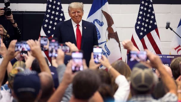 PHOTO: Former President Donald Trump greets supporters at a Team Trump volunteer leadership training event held at the Grimes Community Complex, on June 1, 2023, in Grimes, Iowa. (Scott Olson/Getty Images)