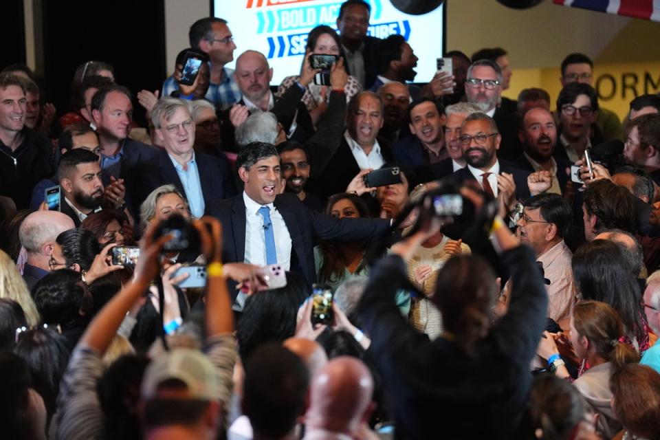 Rishi Sunak delivers a speech in central London while on the general election campaign trai (James Manning/PA Wire)