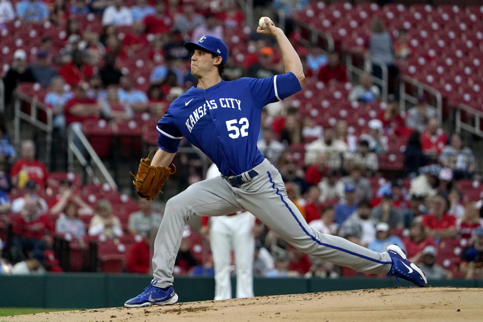 Kansas City Royals starting pitcher Daniel Lynch throws during the first inning of a baseball game against the St. Louis Cardinals Tuesday, April 12, 2022, in St. Louis. (AP Photo/Jeff Roberson)