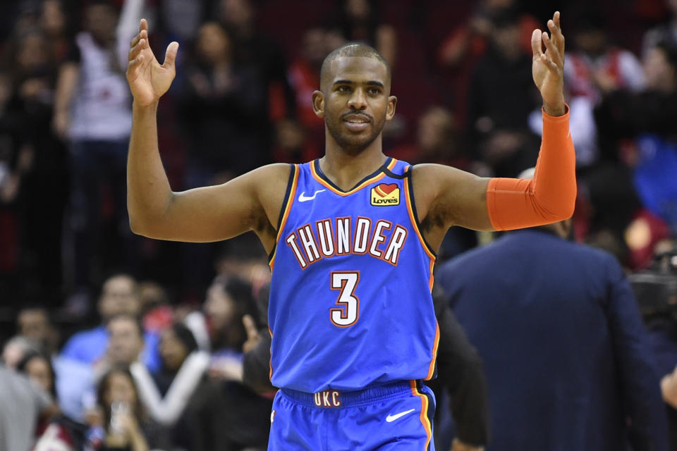 Oklahoma City Thunder guard Chris Paul reacts after the team's win in an NBA basketball game against the Houston Rockets, Monday, Jan. 20, 2020, in Houston. (AP Photo/Eric Christian Smith)
