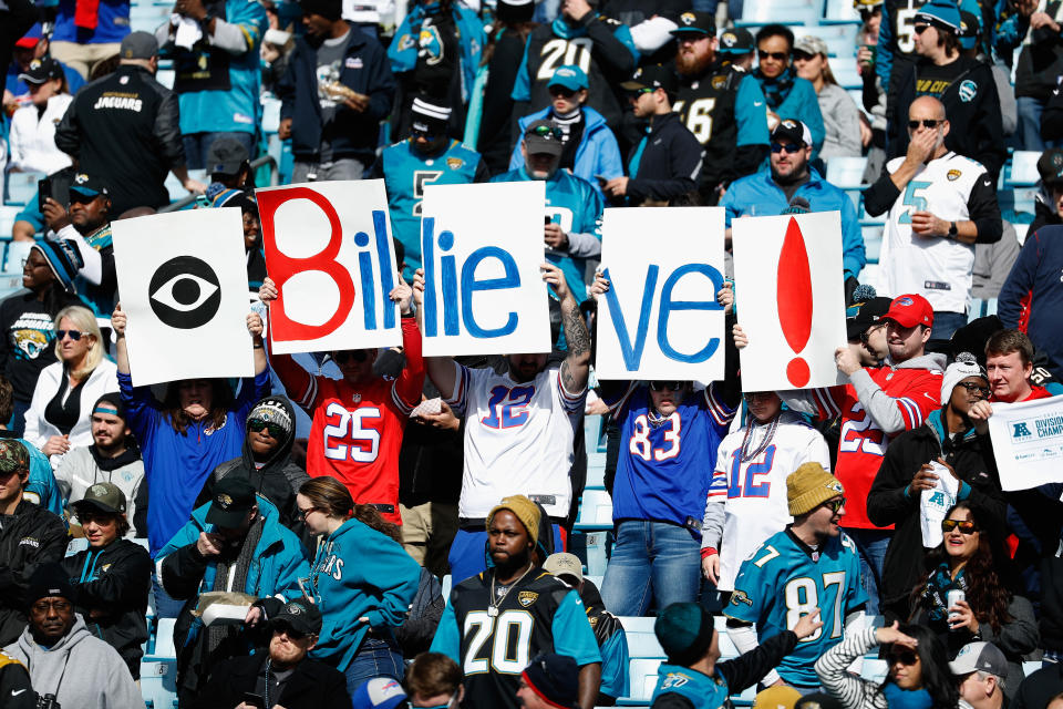 <p>Fans hold up signs before the start of the AFC Wild Card Playoff game between the Buffalo Bills and Jacksonville Jaguars at EverBank Field on January 7, 2018 in Jacksonville, Florida. (Photo by Scott Halleran/Getty Images) </p>