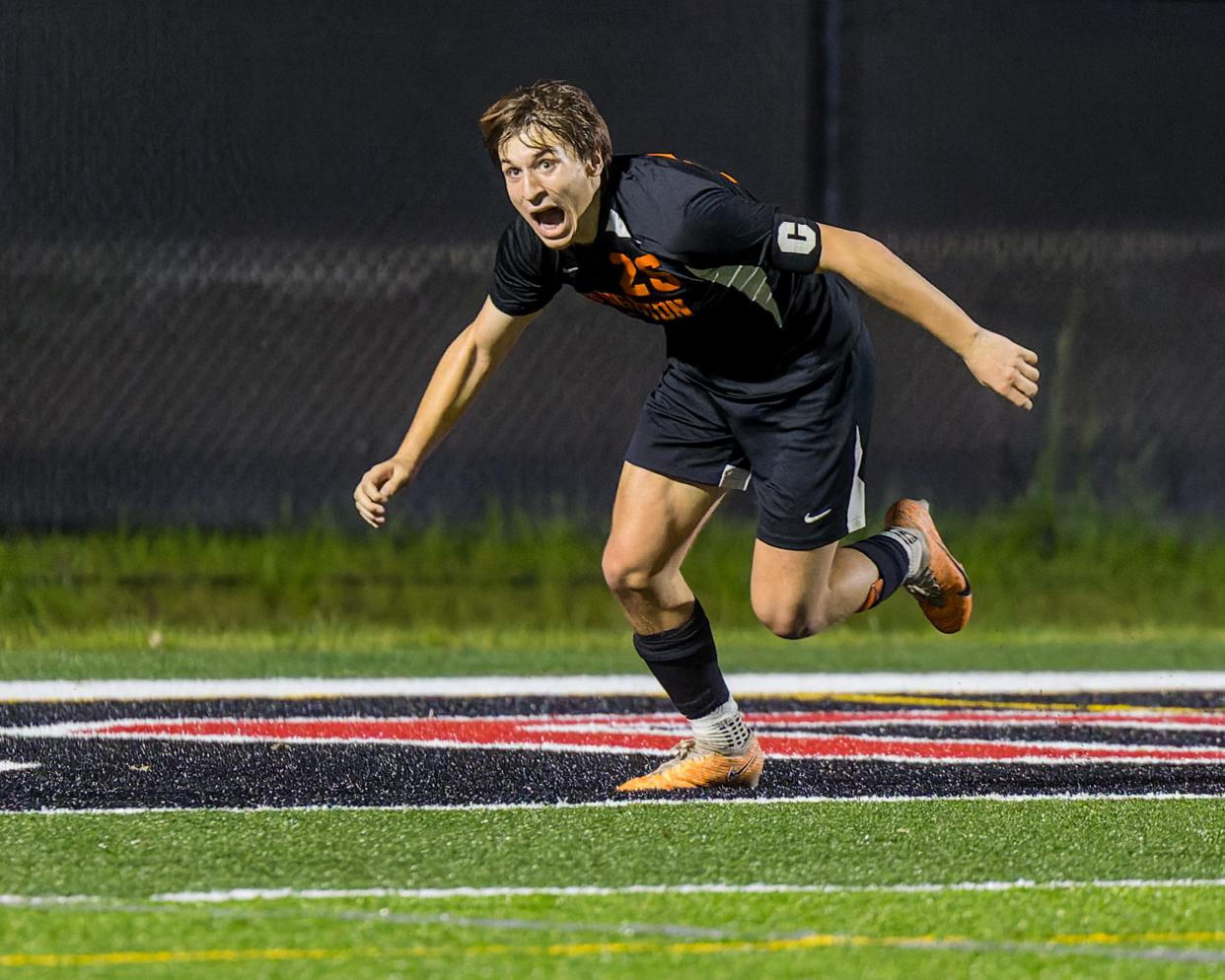 Brighton's Devlin McGinnis celebrates his game-winning goal during an overtime victory against Detroit Catholic Central in the regional championship game Thursday, Oct. 26, 2023.