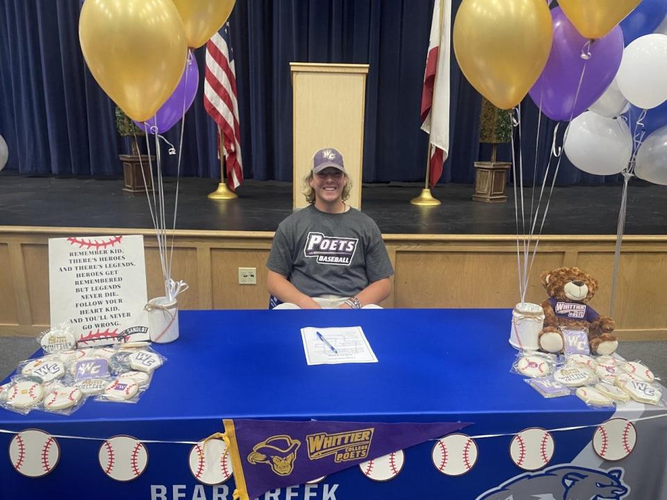 Lukas Long of Bear Creek baseball poses for a photo after signing his letter of intent to play baseball at Whitter College.