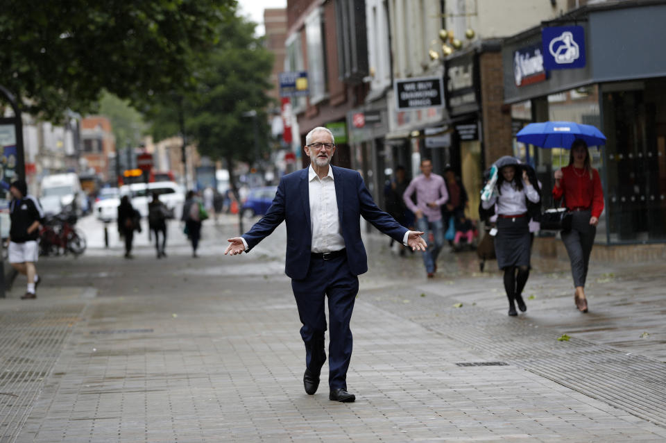 Labour Party leader Jeremy Corbyn arrives to congratulate new MP Lisa Forbes after her victory in the Peterborough By-election on June 07, 2019. Photo: Darren Staples/Getty Images