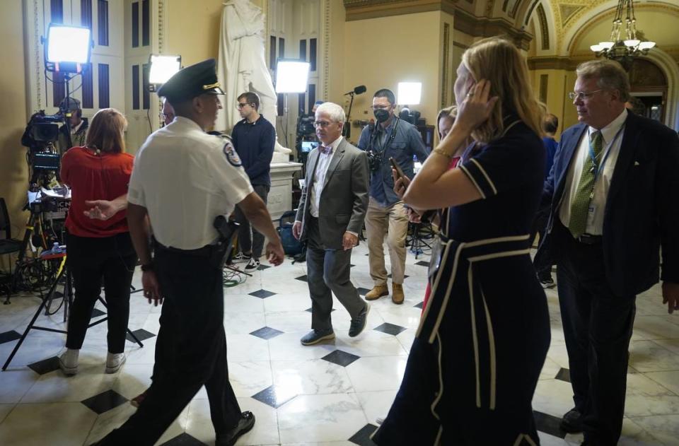 Rep. Patrick McHenry (R-N.C.) was designated as speaker pro-tempore after Speaker of the House Kevin McCarthy was voted out of the leadership position at the U.S. Capitol on Tuesday, Oct, 3, 2023.