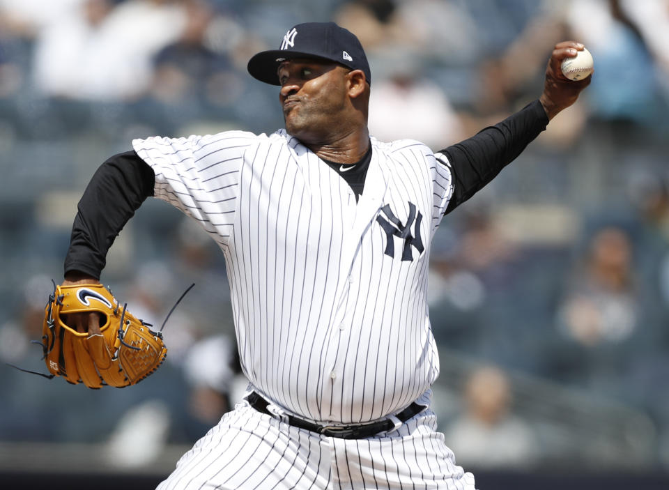 New York Yankees starting pitcher CC Sabathia throws during the first inning of a baseball game against the Chicago White Sox, Saturday, April 13, 2019, in New York. (AP Photo/Kathy Willens)