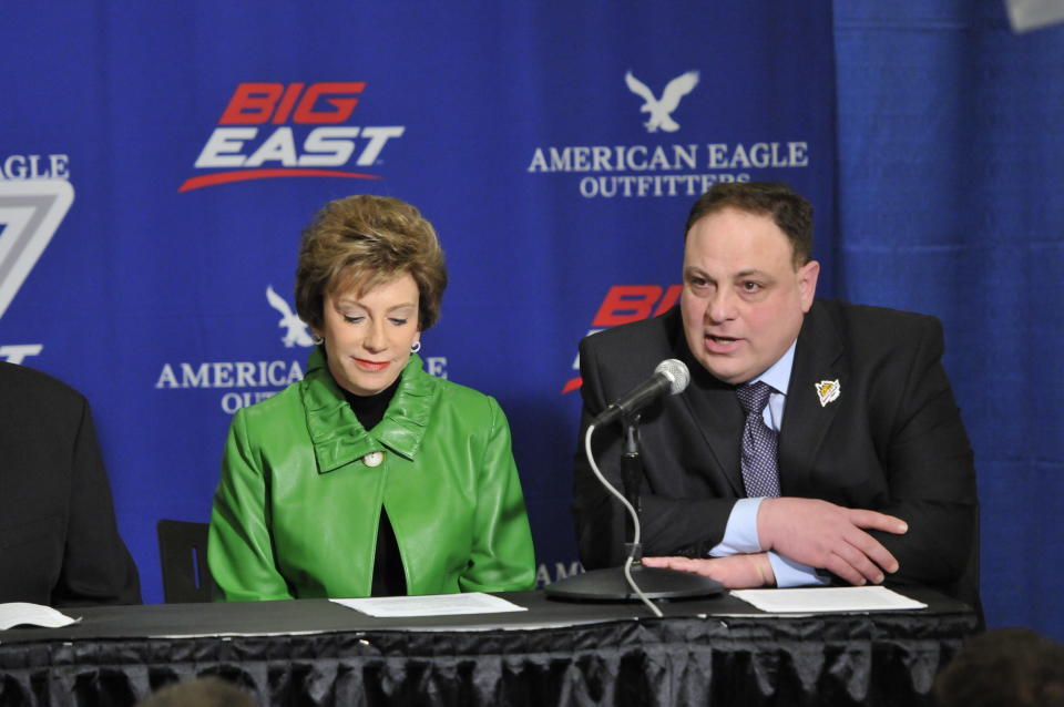 Former Big East commissioner John Marinatto, right, died Saturday at the age of 64. (Photo by Tom Maguire/BIG EAST Conference/Collegiate Images via Getty Images)