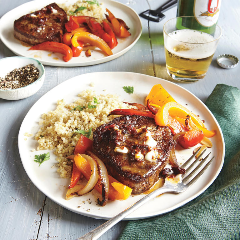 Beef Tenderloin Steaks with Chipotle Butter and Bell Pepper Sauté