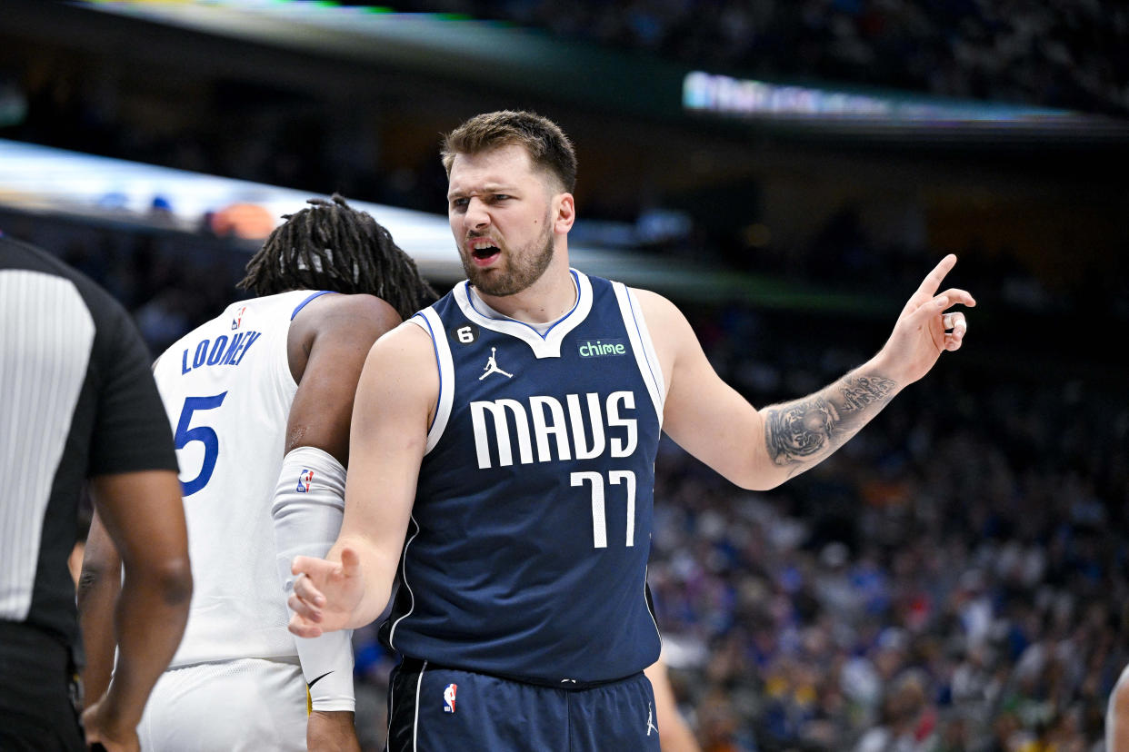 Dallas Mavericks guard Luka Dončić argues a foul call during the first quarter against the Golden State Warriors at the American Airlines Center in Dallas on March 22, 2023. (Jerome Miron/USA TODAY Sports)