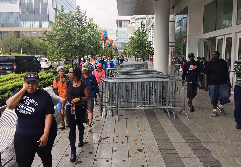 The scene outside George R. Brown Convention Center in Houston.&nbsp; (Photo: Andy Campbell/HuffPost)