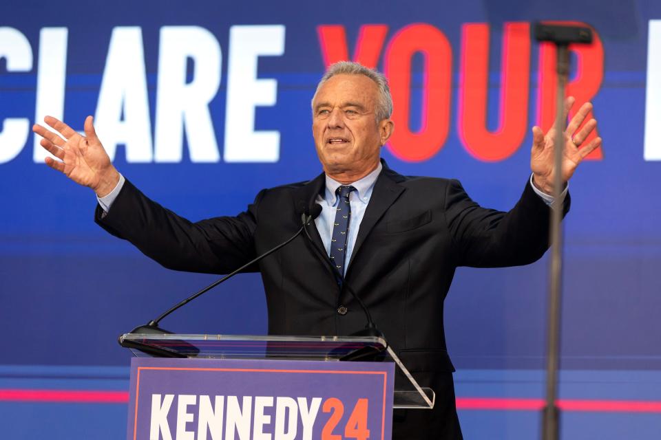 Presidential candidate Robert F. Kennedy Jr. announces his VP pick during a rally at the Henry J. Kaiser Center for the Arts in Oakland, California on Tuesday.