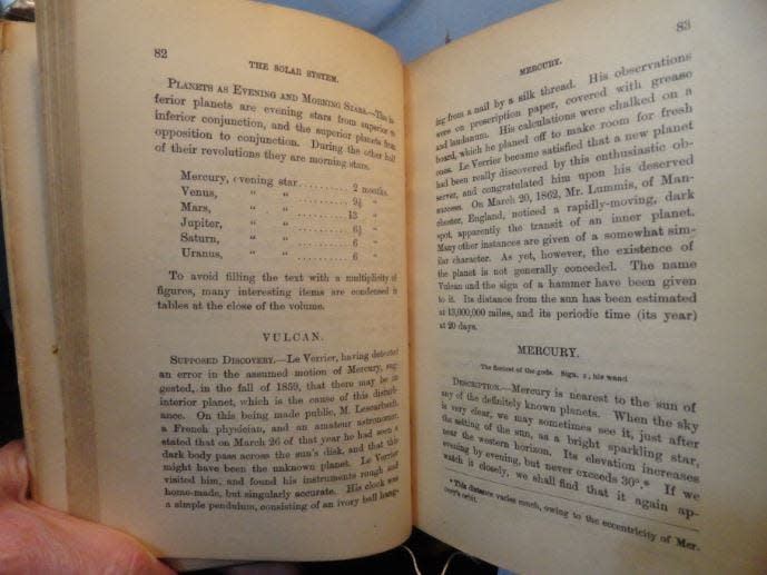 VULCAN DESCRIBED: Astronomy: Steele's Series of the Natural Sciences, by J. Norman Steele, Ph.D., published in 1869, contained a discussion of the purported planet Vulcan.