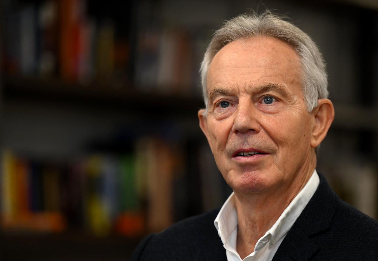 Former British Prime Minister Tony Blair speaks during an interview in central London on March 17, 2023. - Tony Blair came to power as leader of Britain's Labour party in the years after it suffered a paralysing defeat to the Conservatives that few saw coming. (Photo by Daniel LEAL / AFP) / TO GO WITH AFP STORY BY Jitendra JOSHI (Photo by DANIEL LEAL/AFP via Getty Images)