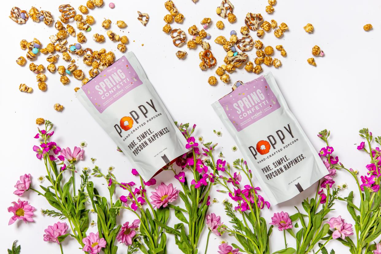 Poppy Hand-Crafted Popcorn's spring line includes Spring Confetti blend made with salted caramel popcorn with pretzels, drizzled in craft French Broad Chocolate dark and white chocolate and sprinkled with pastel M&M’s.