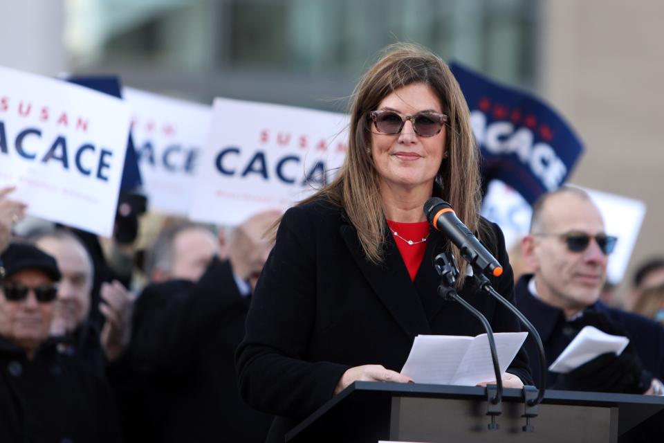 Susan Cacace, a former Westchester County judge, announces she is running for Westchester County District Attorney, outside Westchester County Courthouse Dec. 13, 2023 in White Plains.