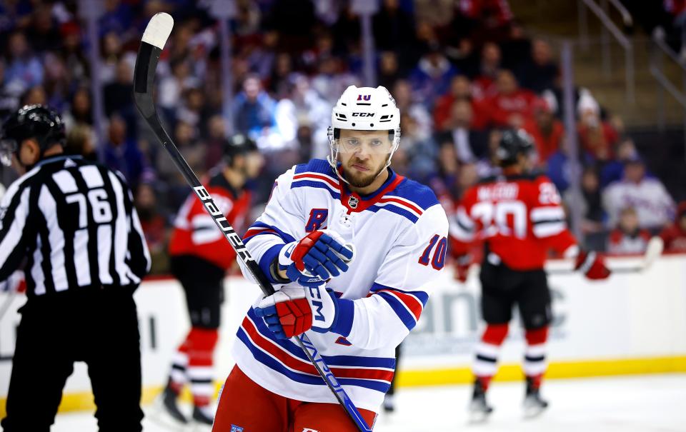 New York Rangers left wing Artemi Panarin (10) during the first period of an NHL hockey game against the New Jersey Devils, Saturday, Nov. 18, 2023, in Newark, N.J.