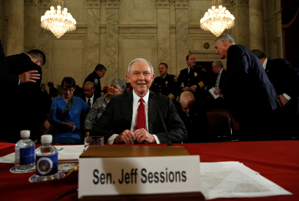 U.S. Sen. Jeff Sessions (R-AL) looks up during a Senate Judiciary Committee confirmation hearing for his nomination to become U.S. attorney general on Capitol Hill in Washington, U.S., January 10, 2017. REUTERS/Kevin Lamarque