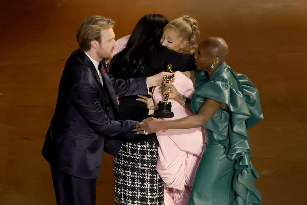 HOLLYWOOD, CALIFORNIA - MARCH 10: (L-R) Finneas O'Connell and Billie Eilish accept the Best Original Song award for 'What Was I Made For?' from 