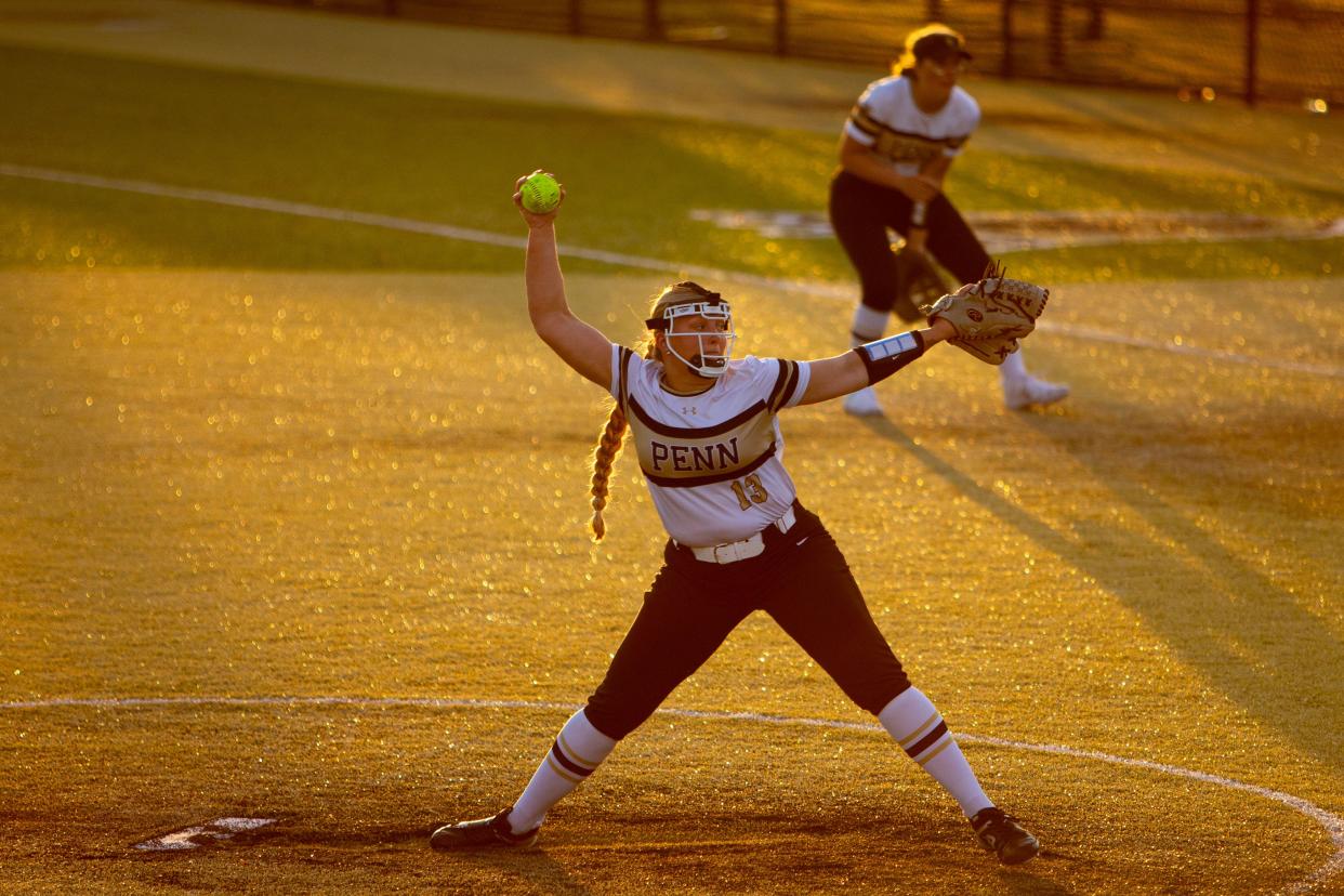 Penn senior Aubrey Zachary (13) pitches during a high school softball game between Saint Joseph and Penn on Monday, May 6, 2024, at Penn High School in Mishawaka. Penn won 8-2.