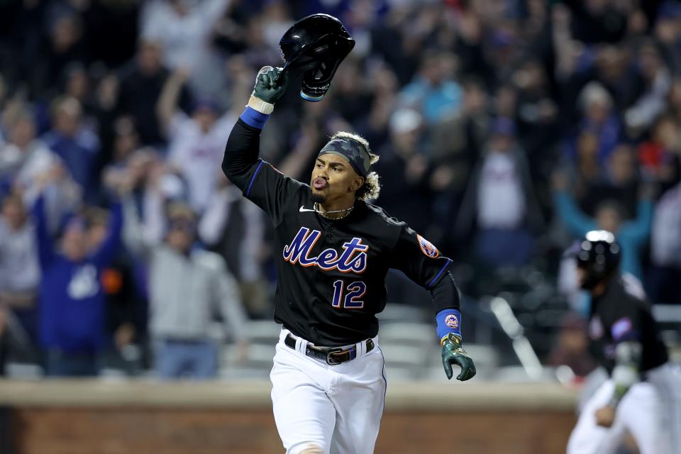 New York Mets shortstop Francisco Lindor (12) celebrates his walkoff RBI single against the Cleveland Guardians during the 10th inning at Citi Field on May 19.