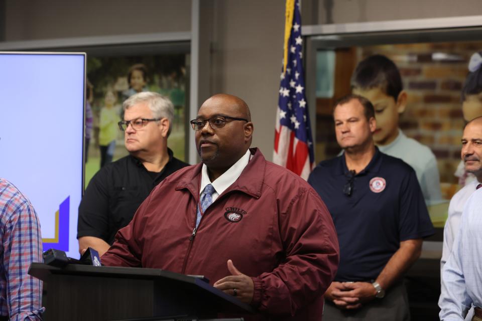 Chiles High School Joe Burgess speaks at a press conference at the district's safety and security portable on Tuesday, Dec. 6, 2022.