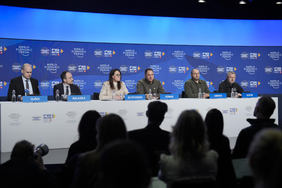 From left: World Economy board member Mirek Duesk, Ukrainian Minister of Justice Denys Maliuska, First Deputy Prime Minister of Ukraine Yuliya Svyrydenko, Ukraine's Head of the Office of the President Andriy Yermak, Ukrainian Defence Minister Rustem Umerov and Ukrainian Prosecutor General Andriy Kostin attend a news conference after the 4th meeting of the National Security Advisors, NSA, on the peace formula for Ukraine in Davos, Switzerland, Sunday, Jan. 14, 2024. (AP Photo/Markus Schreiber)