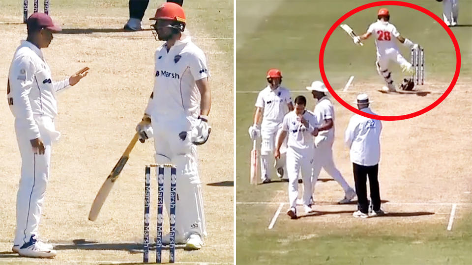 Jake Weatherald, pictured here kicking away a Queensland helmet left near the stumps.