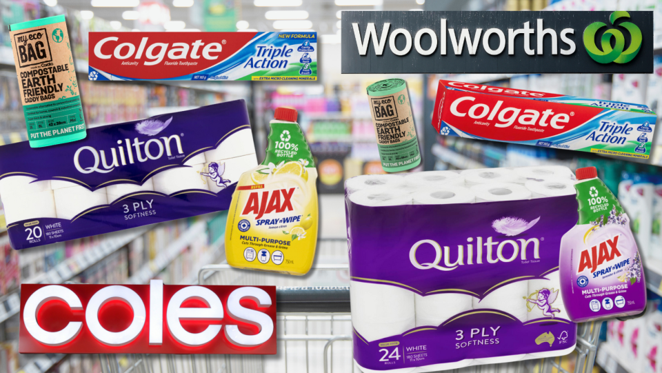 Coles and Woolworths household essentials like toilet paper, bin bags and toothpaste.