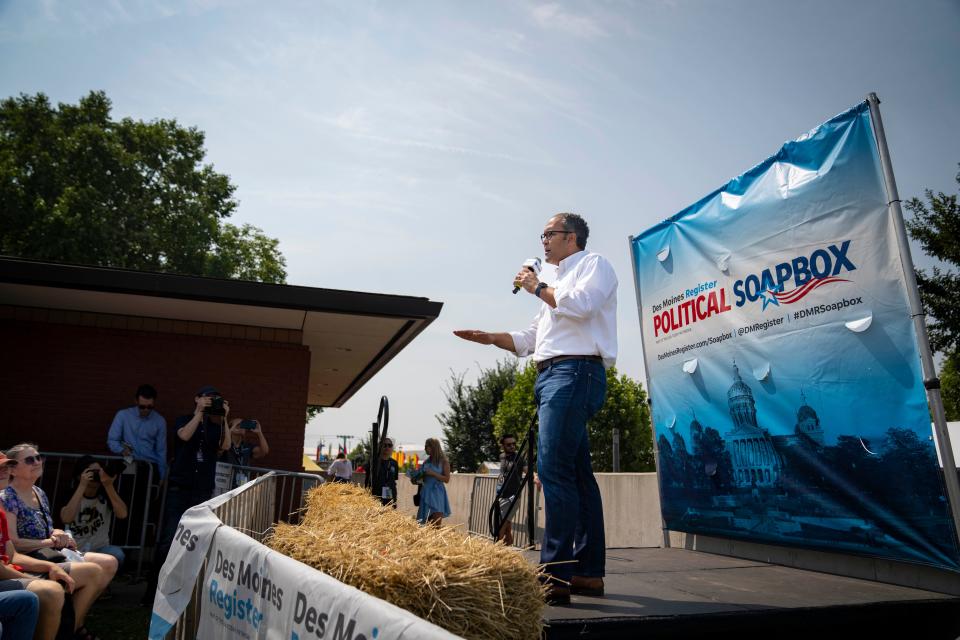 Republican presidential candidate former Texas Rep. Will Hurd speaks at the Des Moines Register Political Soapbox during the Iowa State Fair, Friday, Aug. 18, 2023.