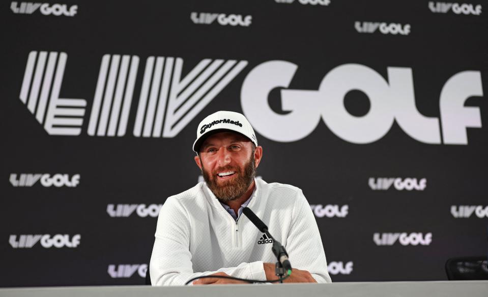 Dustin Johnson speaks during a press conference ahead of the LIV Golf Invitational Series event at The Centurion Club, (Photo by Adrian Dennis/AFP) 