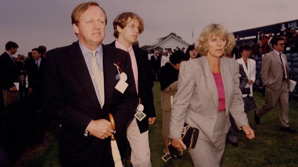 Andrew Parker Bowles and Tom Parker Bowles walking with Queen Camilla
