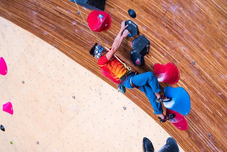 <span class="article__caption">Francisco Javier Aguilar Amoedo of Spain competes in the men’s Paraclimbing B1 final at The Front Climbing Club during the 2022 IFSC Paraclimbing World Cup in Salt Lake City.</span> (Photo: Daniel Gajda/IFSC)