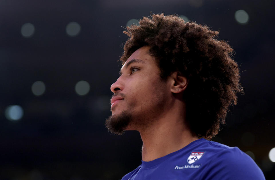 NEW YORK, NEW YORK - APRIL 20: Kelly Oubre Jr. #9 of the Philadelphia 76ers warms up before game one of the Eastern Conference First Round Playoffs against the New York Knicks at Madison Square Garden on April 20, 2024 in New York City. NOTE TO USER: User expressly acknowledges and agrees that, by downloading and or using this photograph, User is consenting to the terms and conditions of the Getty Images License Agreement. (Photo by Elsa/Getty Images)