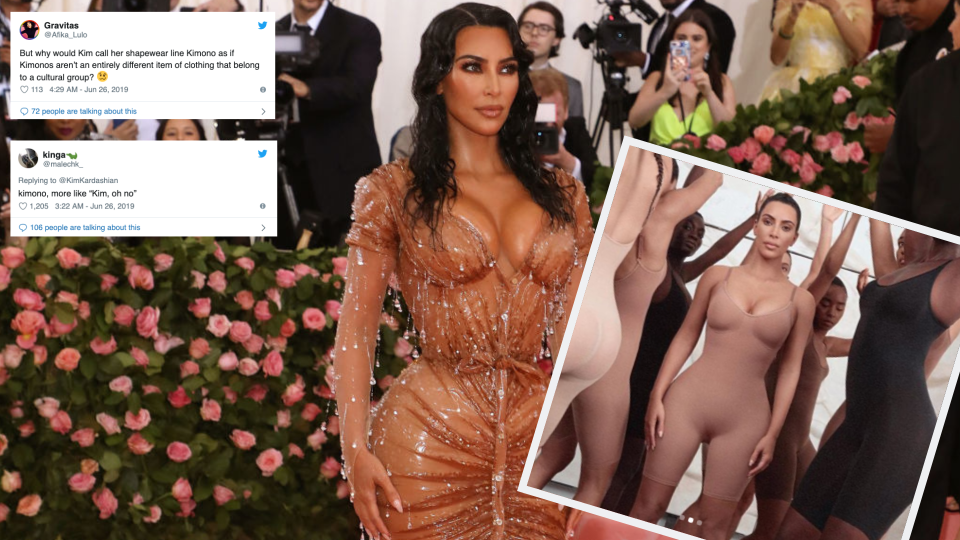 Pictured: Kim Kardashian West attends the Met Gala, shares photos of new shapewear brand Kimono Solutionwear, and Twitter users respond.