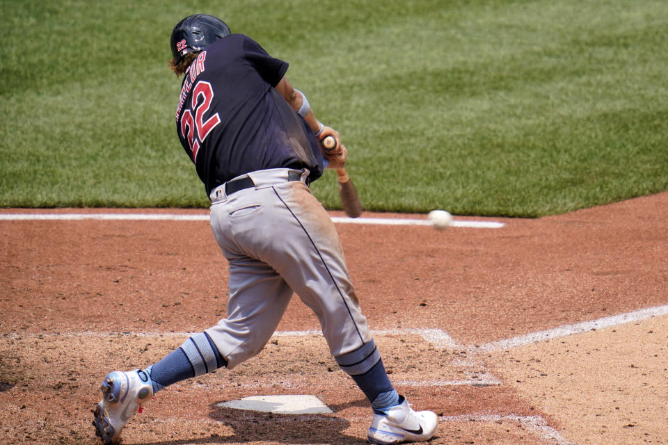 Cleveland Indians' Josh Naylor singles off Pittsburgh Pirates relief pitcher Chasen Shreve, driving in a run, during the seventh inning of a baseball game in Pittsburgh, Sunday, June 20, 2021. (AP Photo/Gene J. Puskar)