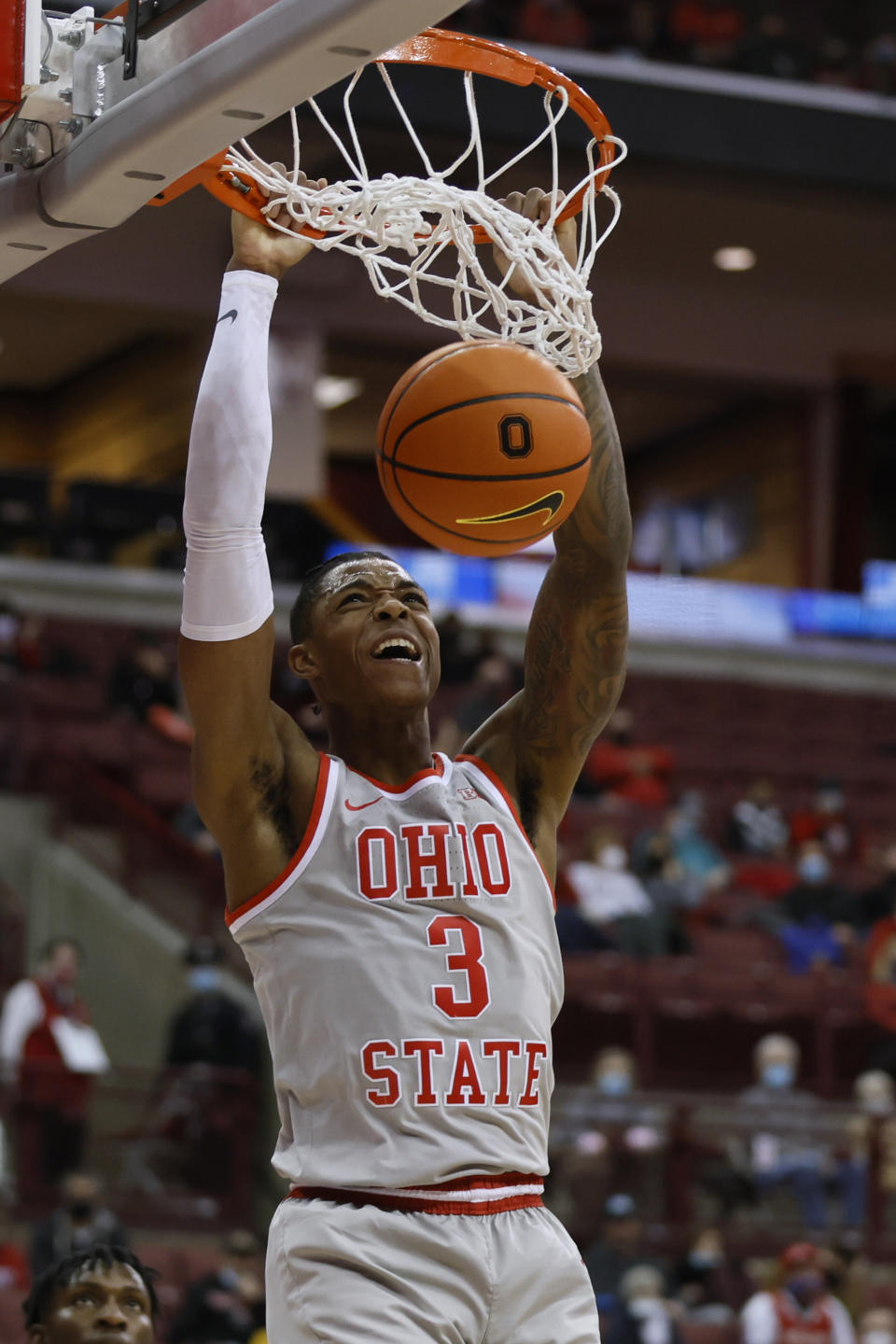 Ohio State's Eugene Brown dunks against IUPUI during the second half of an NCAA college basketball game Tuesday, Jan. 18, 2022, in Columbus, Ohio. (AP Photo/Jay LaPrete)