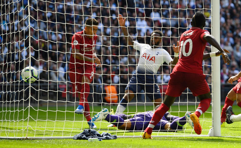 Roberto Firmino scores Liverpool’s second goal in their Wembley win over Spurs