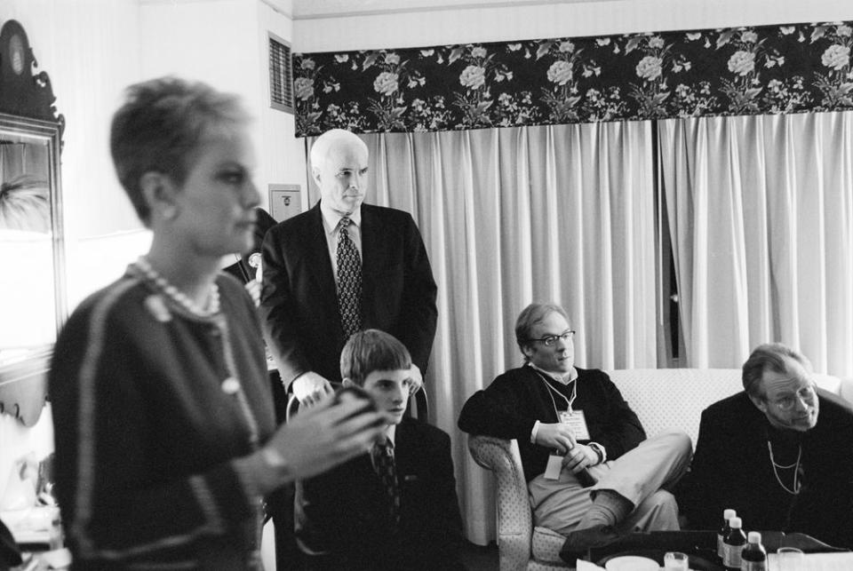 Presidential candidate John McCain with his family and members of his campaign team watching the progress of the state primary in N.H. on Feb. 1, 2000.