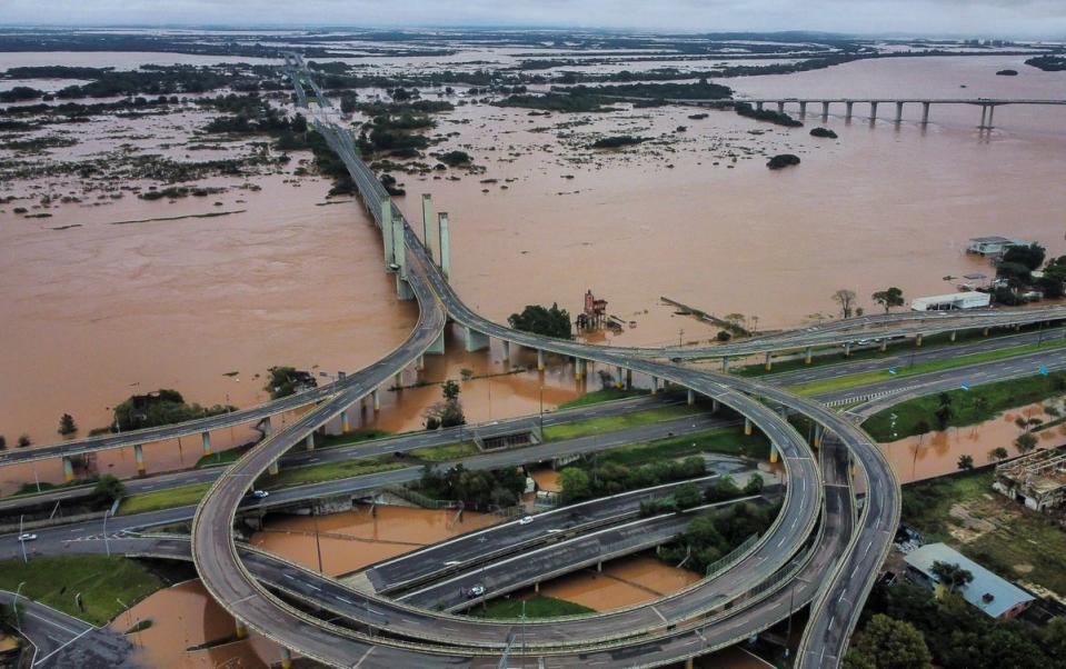 An aerial view of an area flooded by heavy rains, in Porto Alegre, Rio Grande do Sul state (AP)