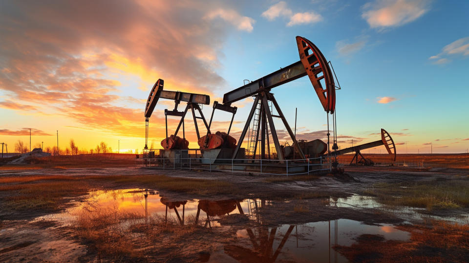 A wide shot of oil rigs on a field, with the sun setting in the background.