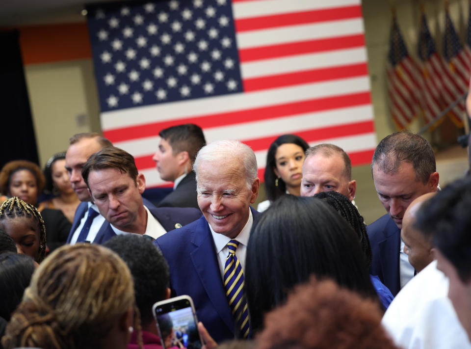 President Joe Biden greets members of the audience after delivering remarks at Prince George's Community College on Sept.14, 2023 in Largo, Maryland.  / Credit: Kevin Dietsch / Getty Images