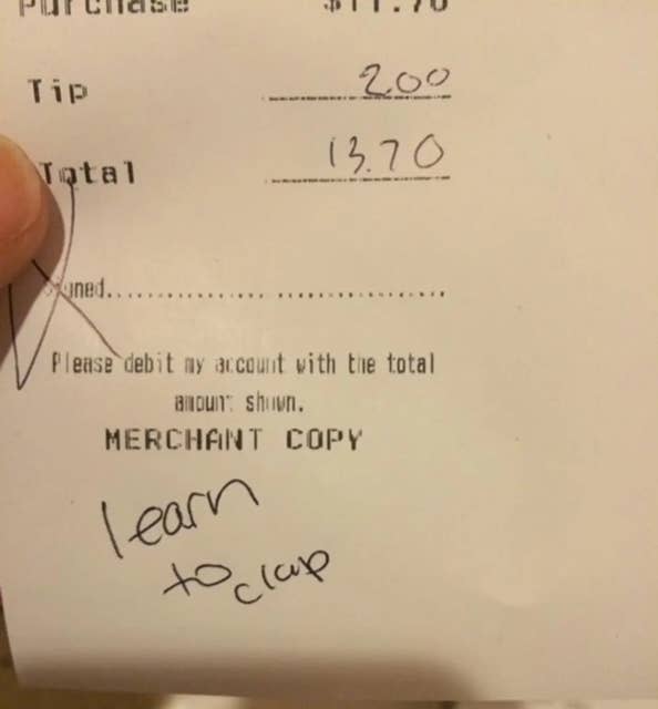 Receipt showing a purchase of $11.70, a $2.00 tip, and total of $13.70 with "learn to clap" handwritten at the bottom