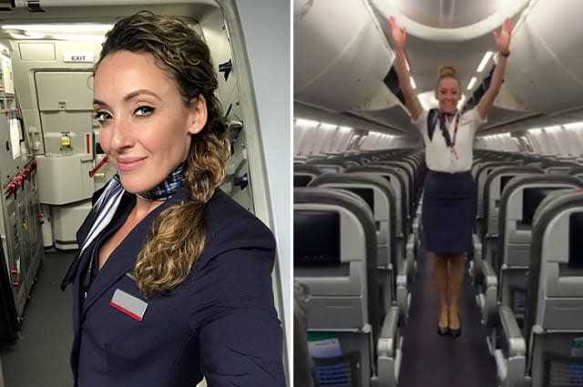 Flight attendant flips upside down to close the overhead bins with her feet - while wearing high heels